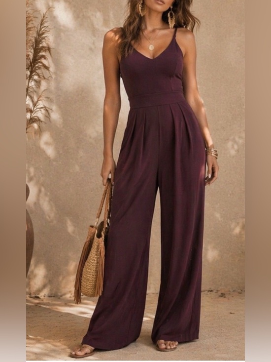 HALARA Pants - MAKE AN OFFER - HALARA Sleeveless V-Neck Wide-Leg Jumpsuit Romper in Deep Plum